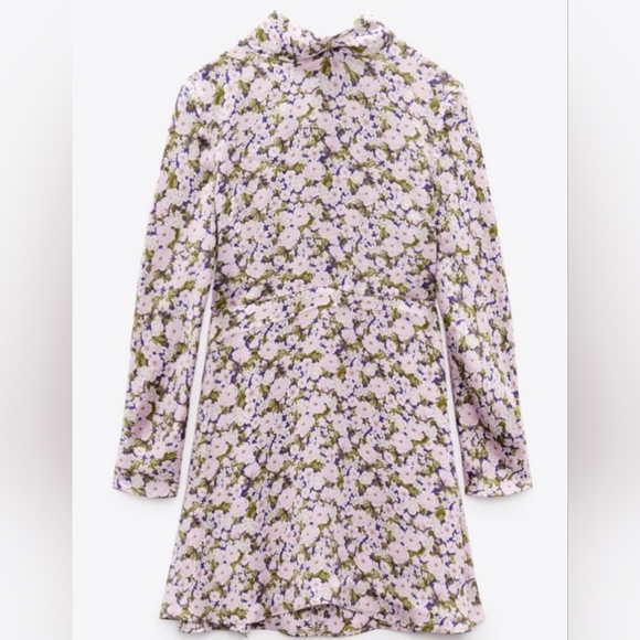 (SOLD) ZARA Satin Effect Mock Neck Longsleeve Dress XL, Purple/Green - Picture 3 of 12